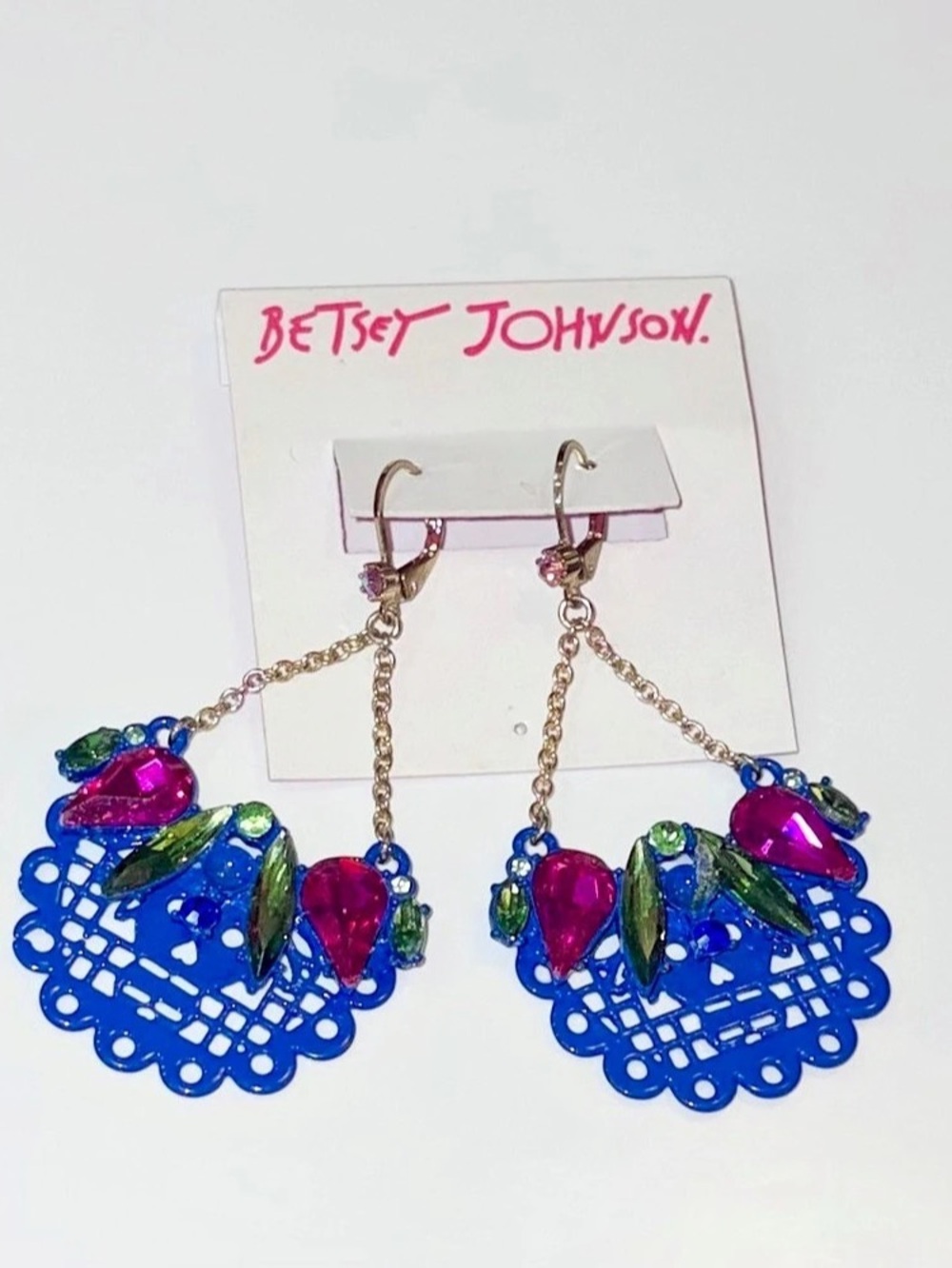 Betsey Johnson blue lace filigree and crystal drop earrings from the Betseyvilla